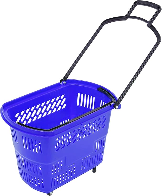 6PCS Plastic Shopping Basket with Handles & Wheels, 35L Rolling Shopping Carts, Grocery Basket with 4 Wheels and Handle, Portable Shopping Baskets for Retail Stores, Supermarkets (6PCS - Blue)