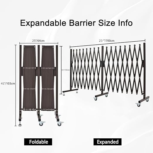 GYMTIME Expandable Metal Barricade, Safety Barrier with Casters, Flexible Mobile Gate, 23 Feet, Brown, Adjustable Temporary Fence for Garden Indoor