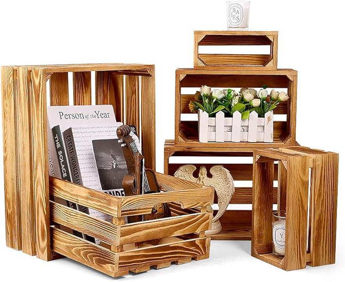 BOBOKA Set of 6 Decorative Wood Crates Nesting Storage Container, 6 Size Farmhouse Decorative Wooden Storage Boxes, Rustic Wooden Crates for Storage, Display, Christmas Decorations