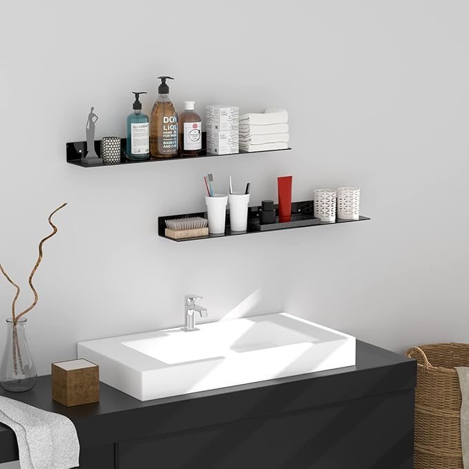 36 Inches Acrylic Long Wall Shelf Set of 2, Black Wall Mounted Acrylic Bathroom Storage Shelves Display Organizer, Floating Shelf for Bottle Oragnizer, Spice, Wine, Toys, Controller, Cup