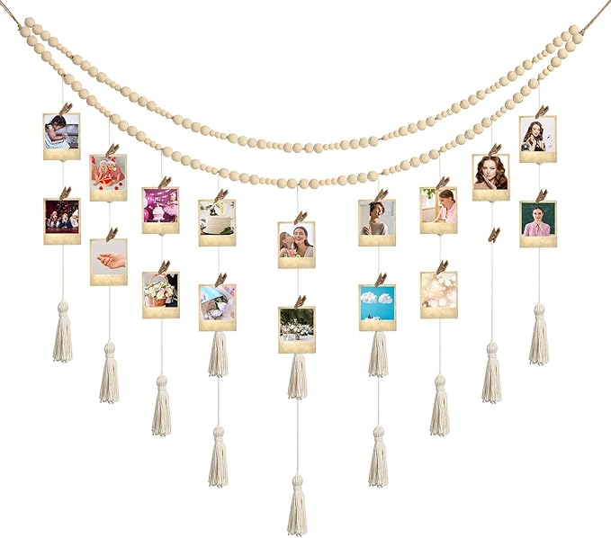 Amyhill Amyhill Hanging Photo Display Boho Macrame Photo Hanging with 24 Wood Wall Clips Macrame Collage Picture Frame with Wooden Beads Double Layer Room Display Decoration Art(Simple Style)
