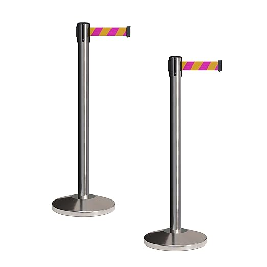 CCW Set of 2 Retractable Belt Barriers Stanchion, Polished Stainless Steel Post, RBB-100 (11 Foot Belt, Magenta and Yellow Diagonal Belt)