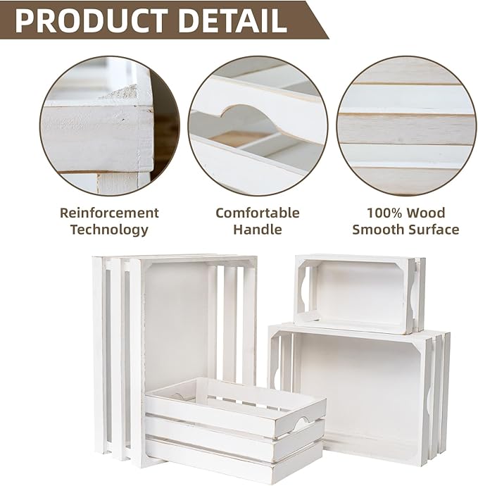 Set of 4 Large Wooden Decorative Storage Crates, Whitewashed Nesting Wooden Crates for Display Rustic, Farmhouse Wood Storage Container Boxes Made from 100% Wood
