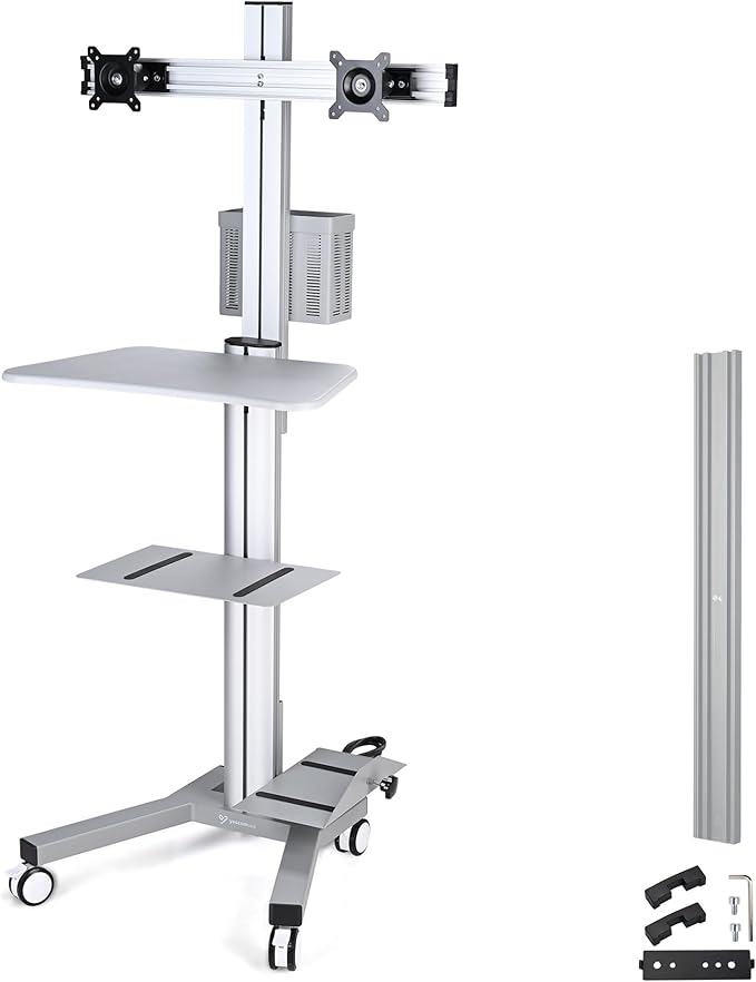 Yescom Mobile PC Stand Workstation with 2 Poles Dual Monitor Mount for 32" Screen Sliver