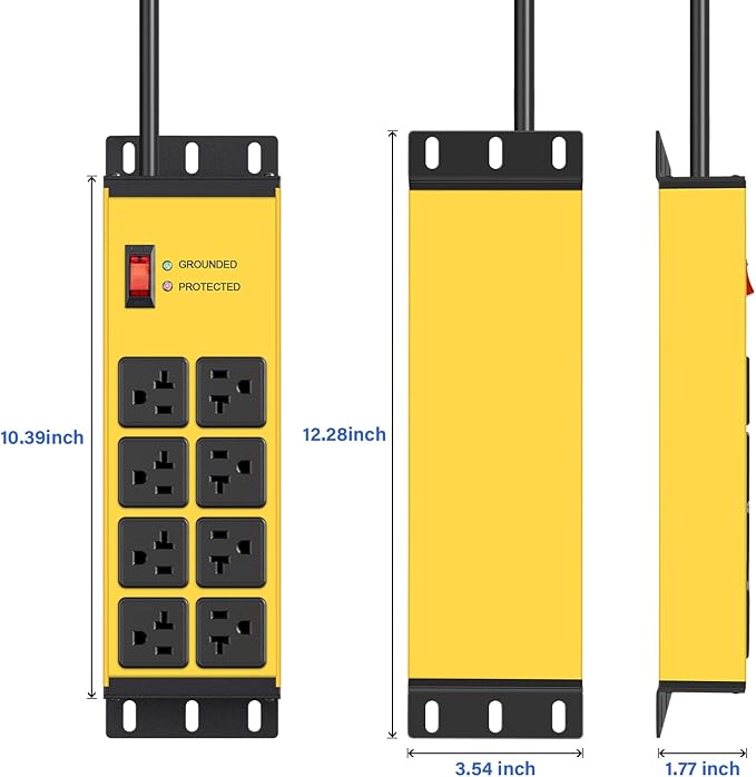 CCCEI 2PCS Heavy Duty Power Strip Surge Protector 20 AMP, 8 Outlets 12 Gauge Shop Garage Metal Multiple Outlets, 15 FT Extension Cord 5-15P Adapter High Amp 6-20R T-Slot 20a for Appliance Yellow.