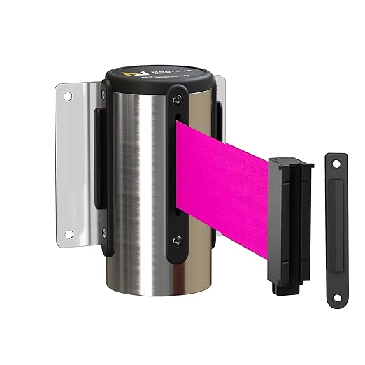 Montour Line WM115 Wall Mounted Retractable Belt Barrier with Standard Belt End, Fixed Mount, Polished Stainless Steel Casing (8.5 ft Fluorescent Pink Belt)