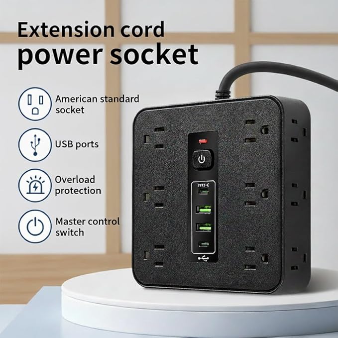 16-in-1 Power Strip with Switch & Surge Protection, Travel Extension Cord with USB Ports, Outlet Electrical Extender, 6.5FT Extension Cord On/Off Switch, 16 Outlet USB-C Power Strip(Black)