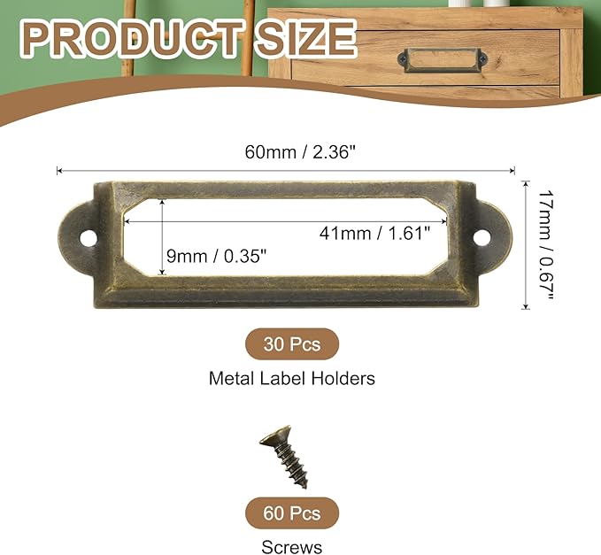 PATIKIL 60x17mm Metal Label Holders, 30 PCS Label Name Card Tag Frames with Screws for Office Library File Cabinets Shelves Wood Drawers Fabric Bins, Bronze