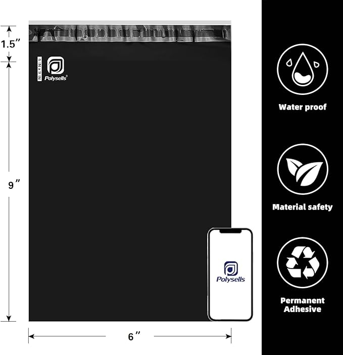 POLYSELLS 1000 pcs 6x9 Inches Black Poly Mailers Shipping Envelopes, Strong Adhesive Sealing, Waterproof, and Tear-resistant Postal Mailing Bags for Clothing, Books, and Accessories