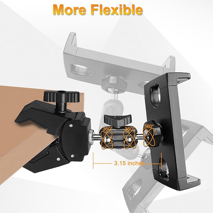 Tablet Holder for Mic Stand/Stroller/Treadmill/Wheelchair/Spin Bike/Peloton/Indoor Cycle, 360° Swivel iPad Mic Stand Mount Adjustable iPad Clamp Mount for All 4.7 to 12.9 inch Tablets Smartphones