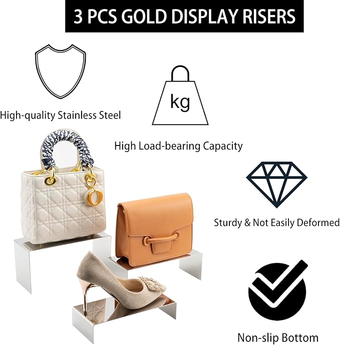Purse Display Stands - 3 Stainless Steel Perfume Display Stands Metal Shoe Display Riser Stand for Home Boutique Retail Store Showcase, Mirror