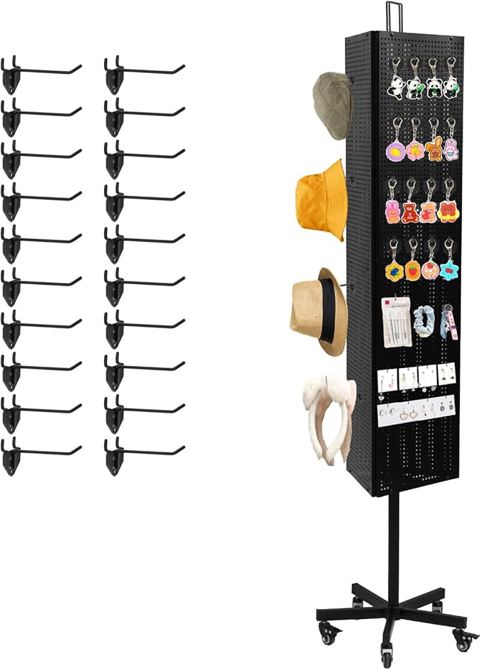 Triangular Metal Pegboard Panels Display with Base and Pole, Black Pegboard Display Stand with Wheels, Jewelry Display Rack, Art Display Stand, Extra 20 pieces Hooks