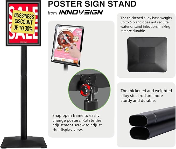 Heavy Duty Adjustable Pedestal Poster Sign Stand, 8.5x11 Aluminum Open Floor Standing Sign Holder for Vertical and Horizontal View Display (8.5x11,Black)