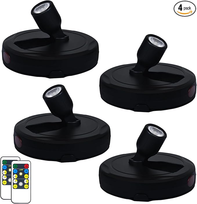 LED Spotlight, Battery Powered Picture Lights, Uplighting Indoor, Puck Lights with Remote, Plant Spot Light for Wall Art Display Dartboard Painting Artwork Accent Closet-4Pack