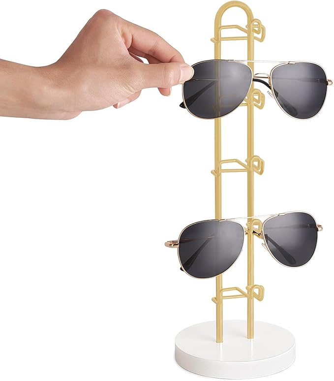 Mkono Sunglasses Organizer Glasses Holder Stand Sunglass Storage Eyeglasses Rack Metal Frame with Wood Base for 5 Pairs of Eyewear Display for Table Desk Countertop Dresser Bedroom, Set of 2, Gold