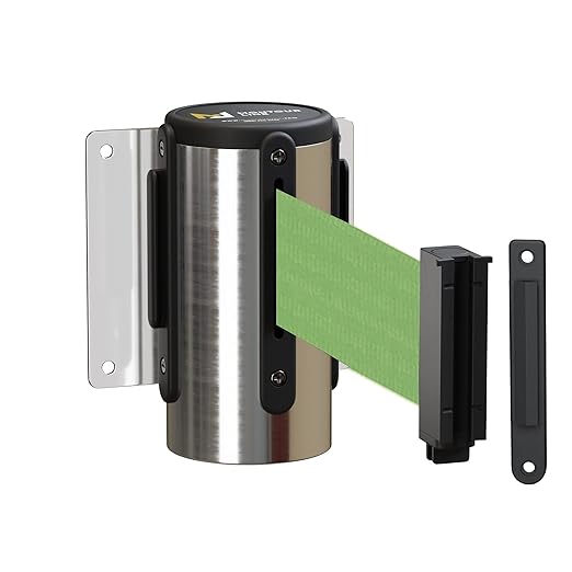 Montour Line WM115 Wall Mounted Retractable Belt Barrier with Standard Belt End, Fixed Mount, Polished Stainless Steel Casing (8.5 ft Light Green Belt)