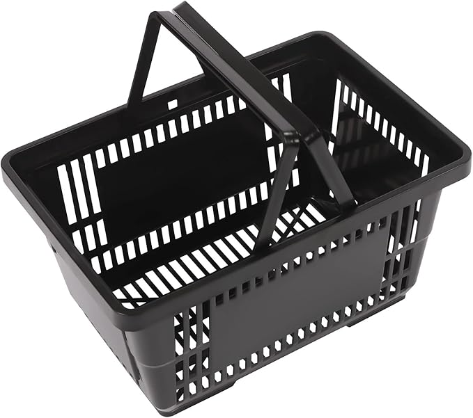 LOYALHEARTDY 12PCS Shopping Baskets with Handles, 21L Plastic Grocery Basket for Retail Store, Supermarket, Grocery Shopping |17" x 12" x 9" Portable Shop Basket (Black)