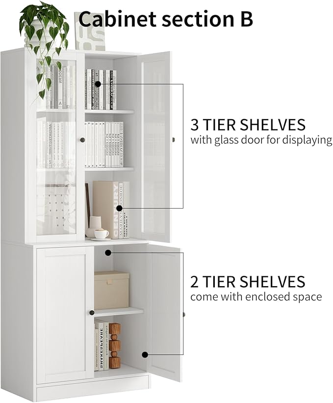 TUSY 71" H Bookshelf Bookcase with Doors, 3-Tier Modern Bookshelves with 3 Large Drawer, Display Bookcase with Glass Doors, Modern 5-Tier Curio Cabinet for Home Office, Dining Room (White, ABA)