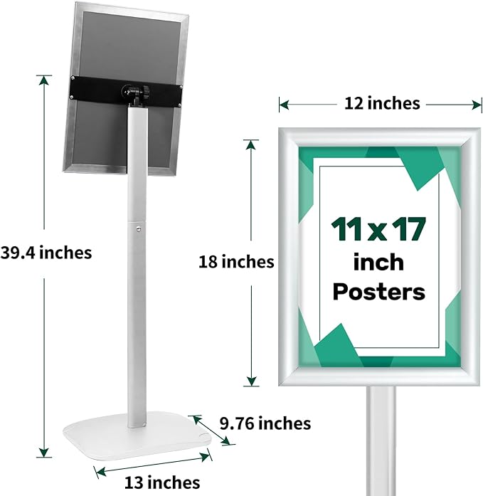 Heavy Duty Pedestal Sign Holder for Display, 11 x 17 inches Adjustable Floor Standing Sign Holder with Weighted Base , Vertical and Horizontal View Sign Stand for Indoor/Outdoor Advertising，Silver
