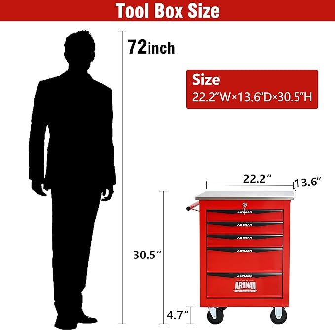 5 Drawers Tool Cart on Wheels with Stainless Steel Worktop, Heavy Duty Mobile Rolling Drawer Tool Chest with Locking Wheels & Lockable Drawers, Garage Tool Storage Cabinet (Red, 5 Drawers)