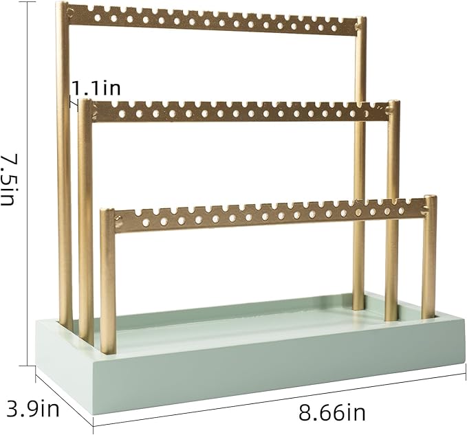 SANY DAYO HOME 3-Tier Earring Holder Organizer Stand, 105 Holes Gold Metal Earring Rack Jewelry Display Tree with Sage Green Wood Tray for Women and Girls