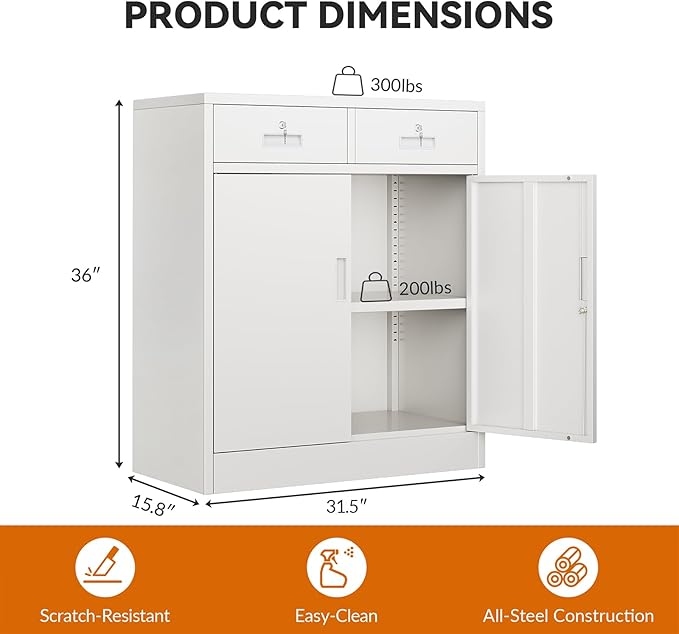 BESFUR 36" H Metal Storage Cabinet with 2 Lockable Drawers and 2 Lockable Doors, White Locking Cabinet with Adjustable Shelf, Metal Cabinet for Home Office, Garage,School, Warehouse, Utility Room
