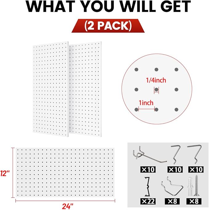 Pegboard, Metal Peg Board, Pegboards Wall Organizer with 38 Pcs Hooks, Sturdy Peg Board for Garage Tool Organization, Home & Office Wall Decoration (White, 2 Pack)
