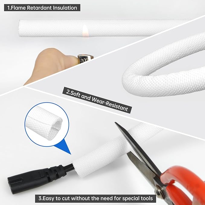 Split Braided Cable Sleeve，Flexible Wire Loom Tubing, Automotive Cord Protector Pet Proof, Cable Management for Computer TV Electric Wires Harness 16ft (White, 16mm（5/8")