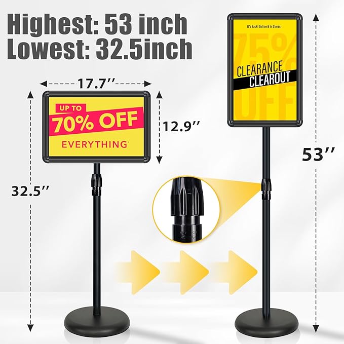 Sign Stand - Standing Sign Holder for 11x17 Inch, Pedestal Poster Sign Stand, Vertical and Horizontal View Sign Displayed, Round Corner Sign Holder for Church School Parties Business, Black (6 Pack)