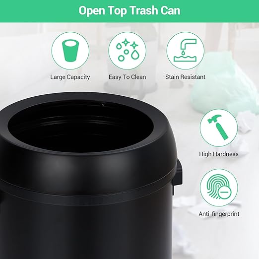 TrailBlaze 65L/17 Gallon Commercial Kitchen Trash Can - Stainless Steel, Open Top, Heavy Duty, Large Capacity Rubbish & Recycling Bin for Home, Office, Restaurant - Black Matte Open
