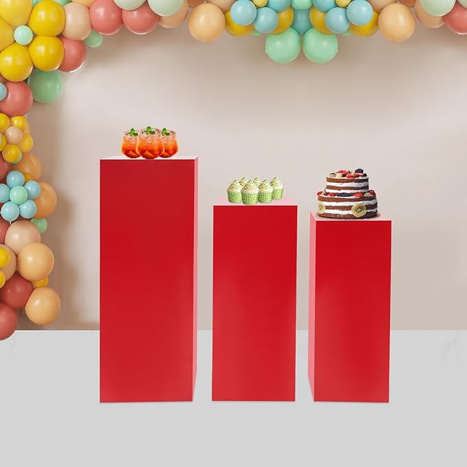 3Pcs Display Pedestal Stand, Square Tall Pedestal Cake Stands Pillars, Sturdy Pedestals Display Square Dessert Table for Placing Cakes, Desserts in Parties, Weddings (Red)