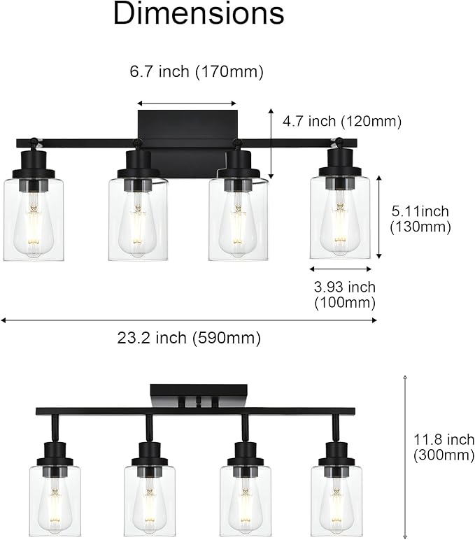 4-Light Track Lighting Kit Black Track Lighting Fixtures Bathroom Wall Sconces Ceiling Mount Kitchen Tracking Lights, Rotatable Spotlight with Clear Glass Shade for Kitchen Shop Hallway