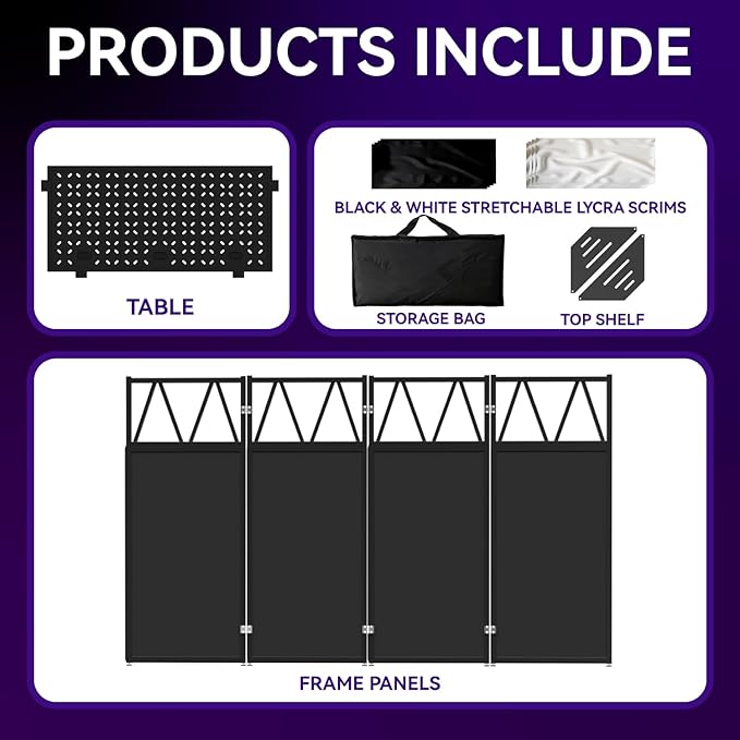 Portable DJ Booth Table,Foldable DJ Table Stand with White & Black Scrim,Adjustable D J Facade Station Triangle Plate Metal Frame with Cable Hole for Private Events, Clubs, Bars