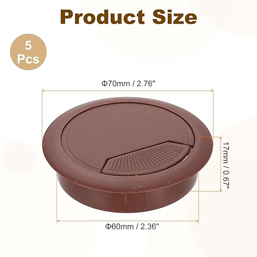 uxcell 5 Pcs 60mm (2.36 Inch) Desk Grommet, Plastic Cable Hole Cover, Wire Cord Cable Organizer for Home Office Computer Desk Cabinet, Brown