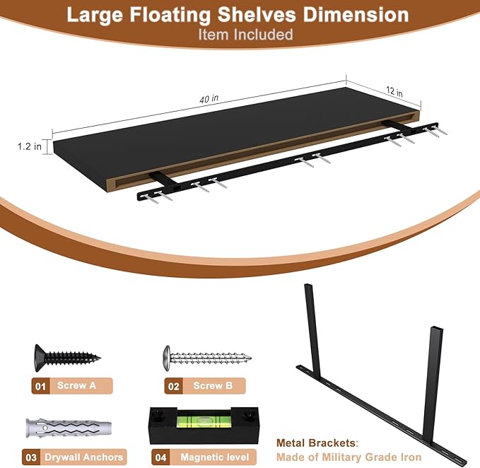 12 Inch Deep Floating Shelves for Wall 2 Pack Floating Shelfs Large Storage Space Wall Decor Display Shelf for Bathroom Living Room Bedroom Kitchen 40" W x 12" D x 1.2" H Black