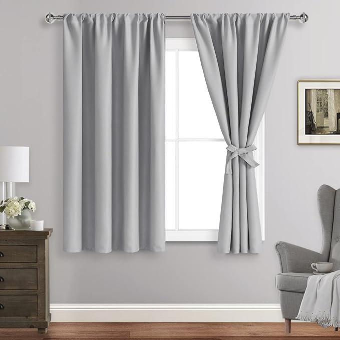 JIUZHEN Blackout Curtains for Bedroom - Thermal Insulated Noise Reducing Privacy Short Curtain for Living Room, Set of 2 Panels with Tiebacks, 38 x 45 inches Long, Silver Grey