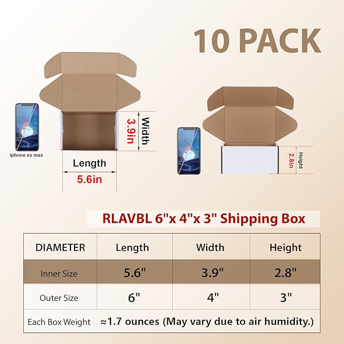 RLAVBL 10 Pack 6x4x3 Small Shipping Boxes, White Corrugated Cardboard Box for Packing, Mailing, Business