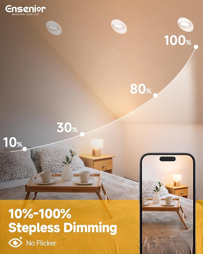 Ensenior 6 Pack 4 inch 5CCT LED Gimbal Led Recessed Light with Junction Box, 360°+90° Adjustable Directional Eyeball Lighting, Dimmable, 2700K/3000K/3500K/4000K/5000K, 900LM, 9W=85W, 120V-ETL&FCC