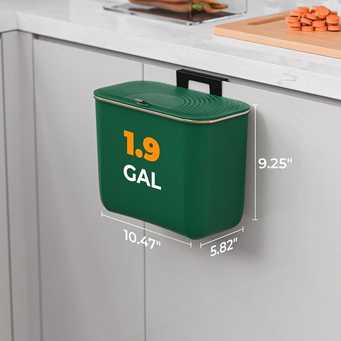 1.9 Gallon Hanging Trash Can - Small Under Sink Trash Can with Lid, Wall Mounted Garbage Bin for Kitchen & Bathroom Cupboard, Odor-Control, Extended Clamping Ring, Green