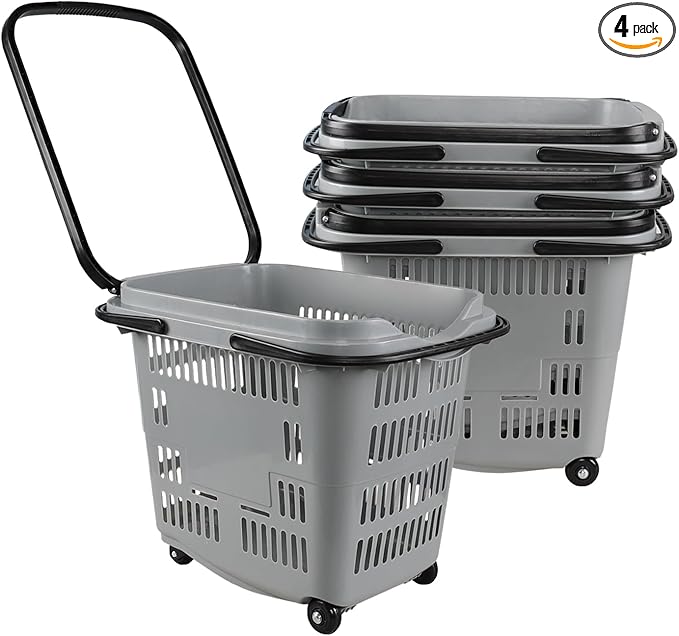 50 L Plastic Rolling Shopping Basket with Long Handle, Large Portable Retail Baskets Set for Groceries, 4 Packs