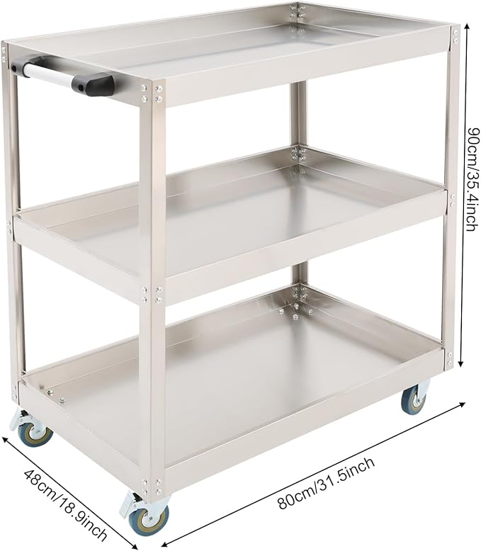 3 Tier Stainless Steel Utility Cart with Wheels and Handle, Commercial Heavy Duty Metal Food Cart Service Cart for Kitchen, Restaurant, Laboratory, 31.5 * 18.9 * 35.4in