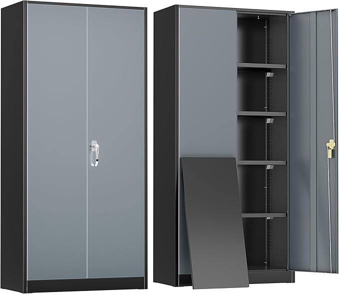 Greenvelly Metal Storage Cabinet,72 Inch Lockable Storage Cabinet with Doors and 4 Adjustable Shelves,Garage Storage Cabinets for Home,School,Gym(Black Grey)