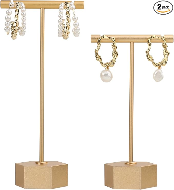 GemeShou Gold Metal 2pcs T Bar Earring Retail Display Stand for show, Tabletop Jewelry Tower Holder for Girl Women【Gold-Hexagon Base 2pcs Height 4.5" and 5.3"】
