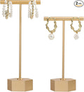 GemeShou Gold Metal 2pcs T Bar Earring Retail Display Stand for show, Tabletop Jewelry Tower Holder for Girl Women【Gold-Hexagon Base 2pcs Height 4.5" and 5.3"】