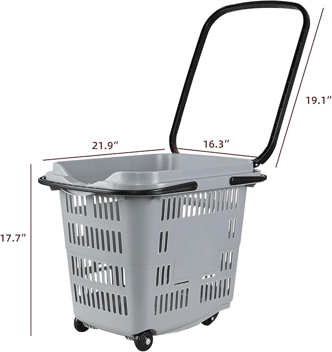 Sandmovie 50 L Large Rolling Shopping Basket, 4 Pcs Plastic Shopping Baskets with Wheels, Portable Basket for Supermarket, Retail (Grey)