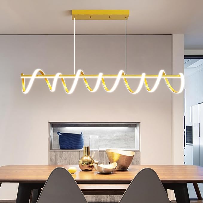 Modern Design Dimmable Desk Linear Pendant Light, with Remote Control Dimmable 3 Color Mode & Brightness Ceiling Lamp, Anti-Flicker Dining Light Fixture for Kitchen（47IN，Gold）