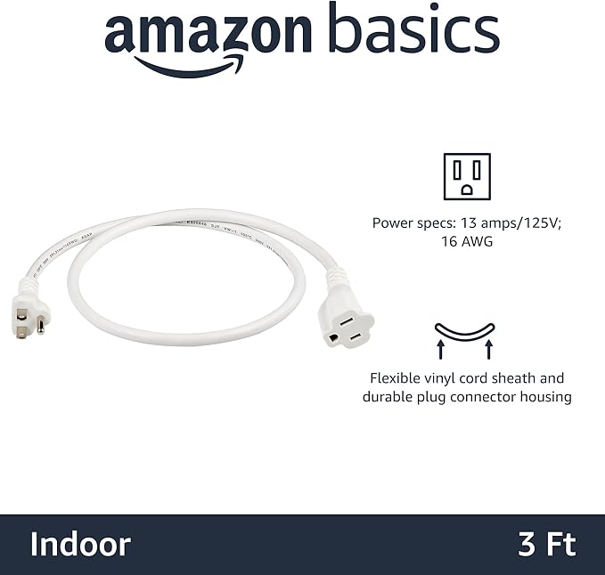 Amazon Basics Extension Cord, 13 Amps, 125V, 3 Foot, White - Pack of 2