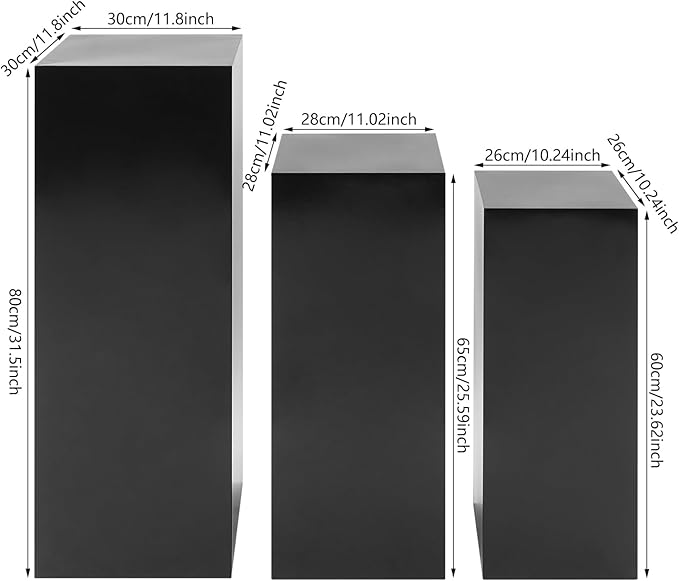 OUKANING 3 PCS Metal Display Pedestal Stands, Square Black Display Stands Pillars, Decoration Cube Sculpture Display Column for Wedding Party Baby Shower Birthday, H31.49'', 25.59'', 23.62''