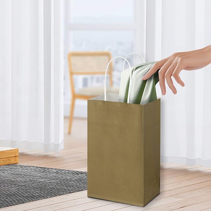 Toovip 100 Pack 5.25x3.25x8.25 Inch Small Gold Kraft Paper Bags with Handles Bulk, Gift Wrap Bags for Favor Grocery Retail Party Birthday Shopping Business Goody Craft Merchandise Take Out Cub Sacks