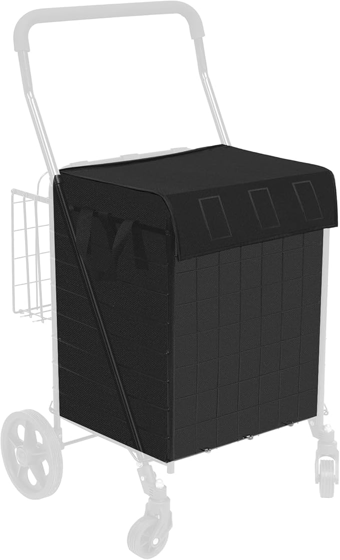 Waterproof Shopping Cart Liner with Cover (Without Carts) 14.7" X 13.2" X 20" Square Bottom, Fits Folding Shopping Trolley, Cover and Adjustable Straps for Easy Secure Attachment (Black